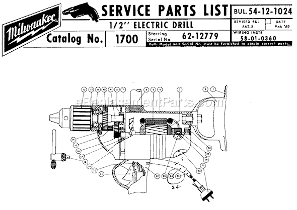Page A Diagram and Parts List for 1700 SER 62-12779 Milwaukee Electric Drill