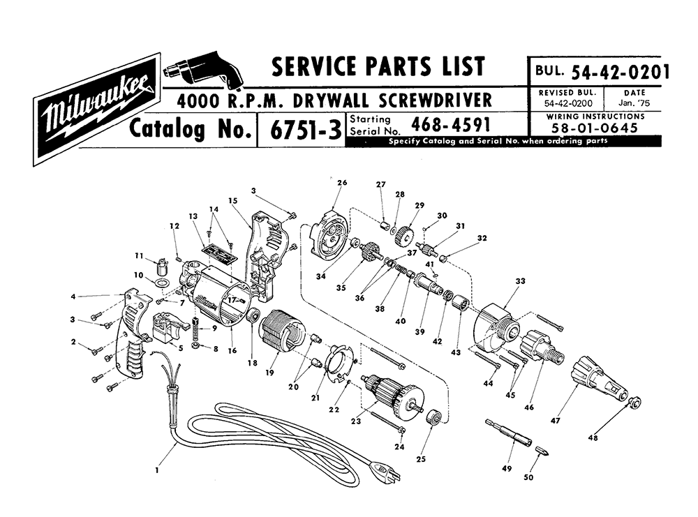 Fig-0 Diagram and Parts List for 6751-3 468-4591 Milwaukee Electric Drill