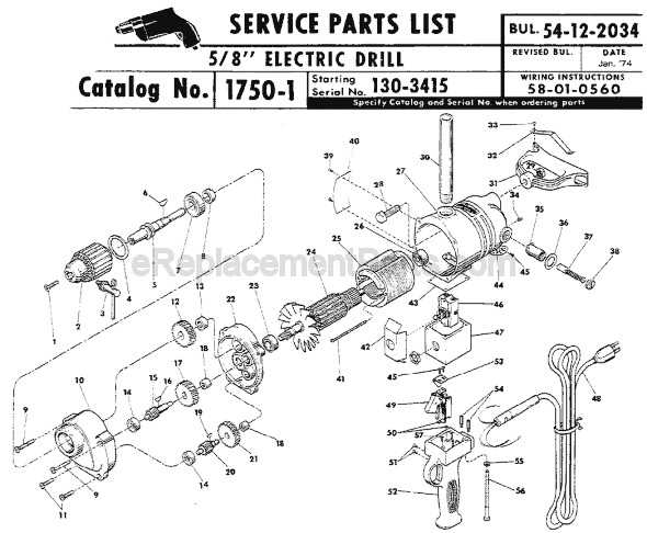 Page A Diagram and Parts List for 1750-1 SER 130-3415 Milwaukee Electric Drill