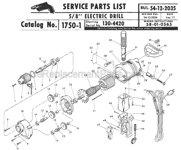 Page A Diagram and Parts List for 1750-1 SER 130-4420 Milwaukee Electric Drill