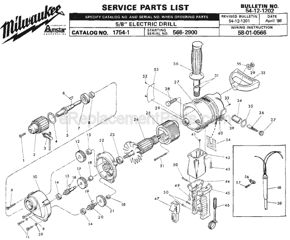 Page A Diagram and Parts List for 1754-1 SER 566-2900 Milwaukee Electric Drill