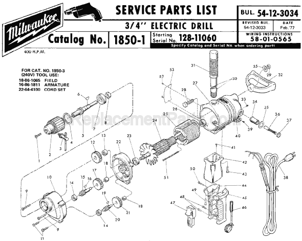 Page A Diagram and Parts List for 1850-1 SER 128-11060 Milwaukee Electric Drill