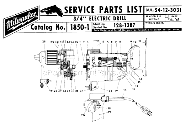 Page A Diagram and Parts List for 1850-1 SER 128-1387 Milwaukee Electric Drill