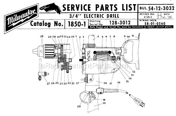 Page A Diagram and Parts List for 1850-1 SER 128-3012 Milwaukee Electric Drill