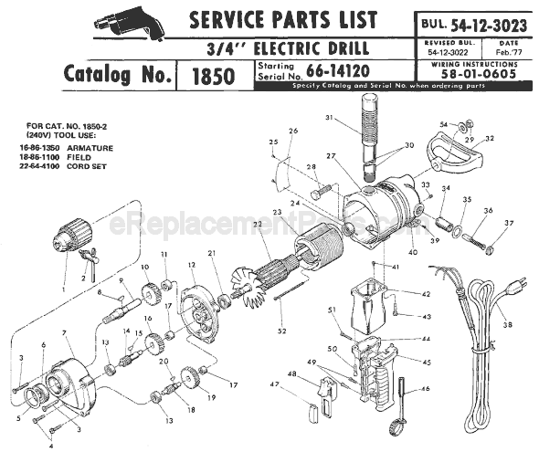 Page A Diagram and Parts List for 1850 SER 66-14120 Milwaukee Electric Drill