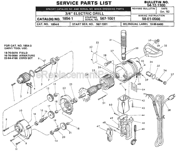 Page A Diagram and Parts List for 1854-1 SER 567-1001 Milwaukee Electric Drill