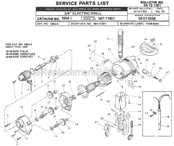 Page A Diagram and Parts List for 1854-1 SER 567-11001 Milwaukee Electric Drill