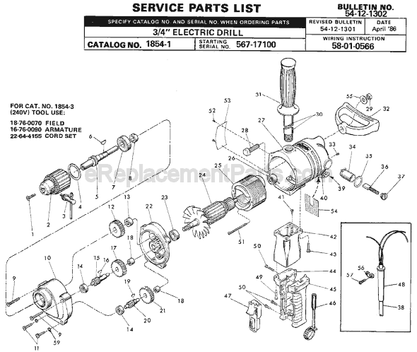 Page A Diagram and Parts List for 1854-1 SER 567-17100 Milwaukee Electric Drill