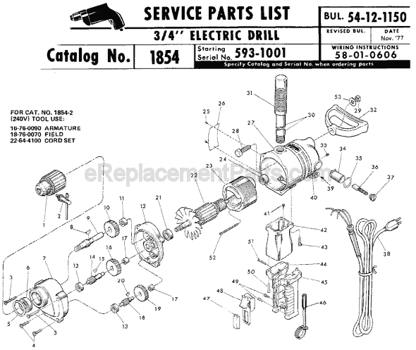 Page A Diagram and Parts List for 1854 SER 593-1001 Milwaukee Electric Drill