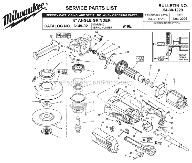 Page A Diagram and Parts List for 6149-02 919E Milwaukee Sander Grinder