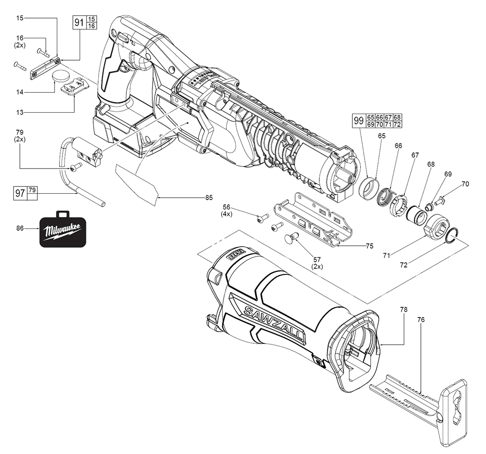 Fig-0 Diagram and Parts List for 2822-20 L52A Milwaukee Reciprocating Saw