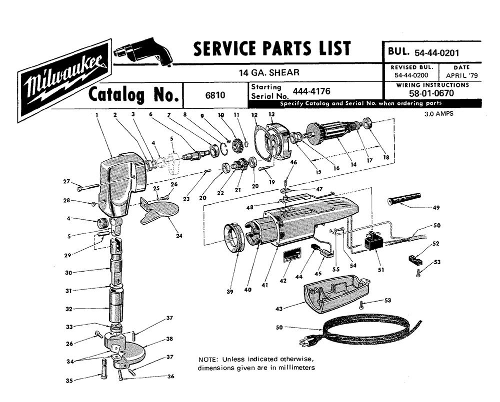 Fig-0 Diagram and Parts List for 6810 444-4176 Milwaukee Nibbler & Shears
