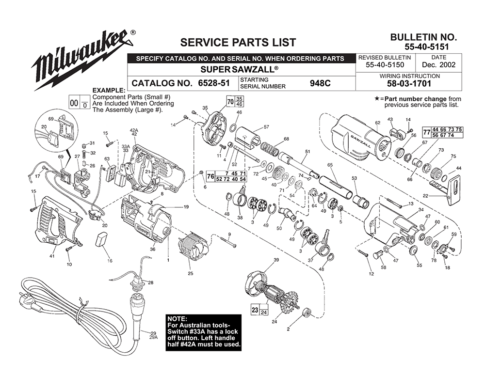 Fig-0 Diagram and Parts List for 6528-51 948C Milwaukee Saw