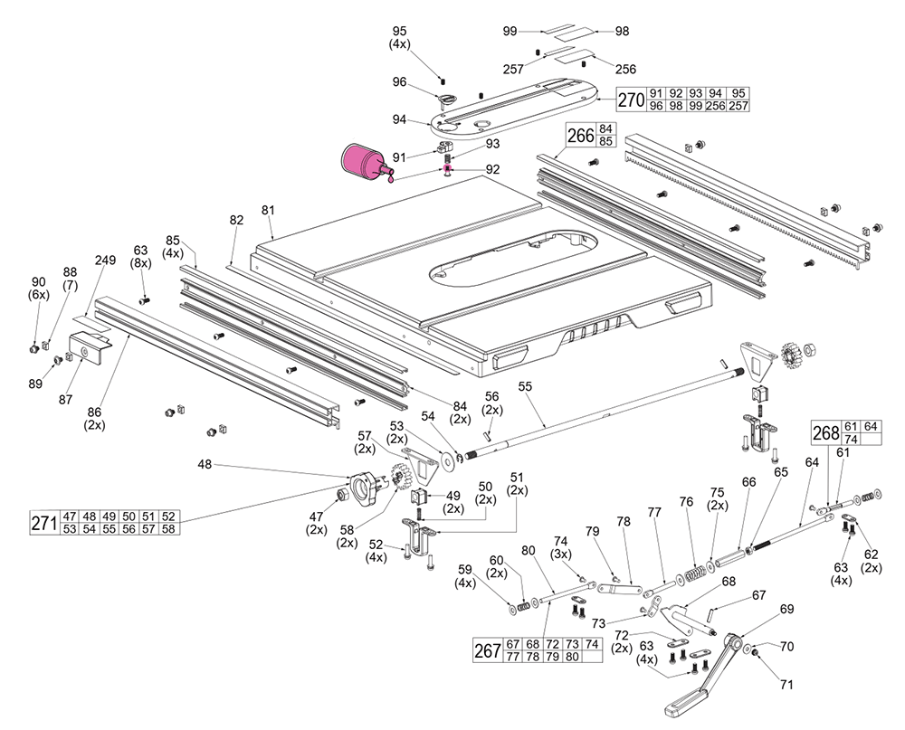 Fig-0 Diagram and Parts List for 2736-20 J35A Milwaukee Table Saw