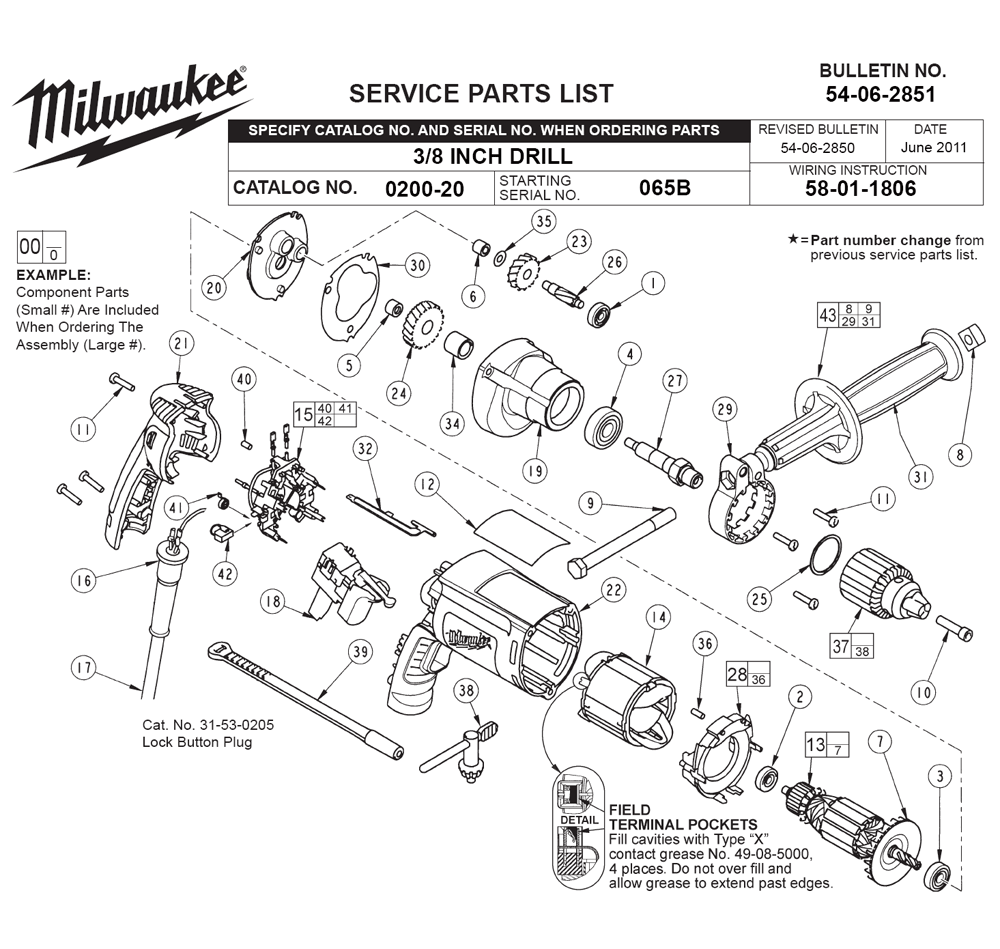 Fig-0 Diagram and Parts List for 0200-20 065B Milwaukee Electric Drill
