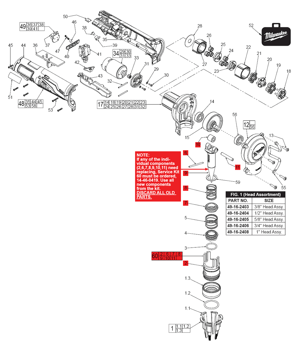 Fig-0 Diagram and Parts List for 2432-20 C62B Milwaukee Planer Jointer