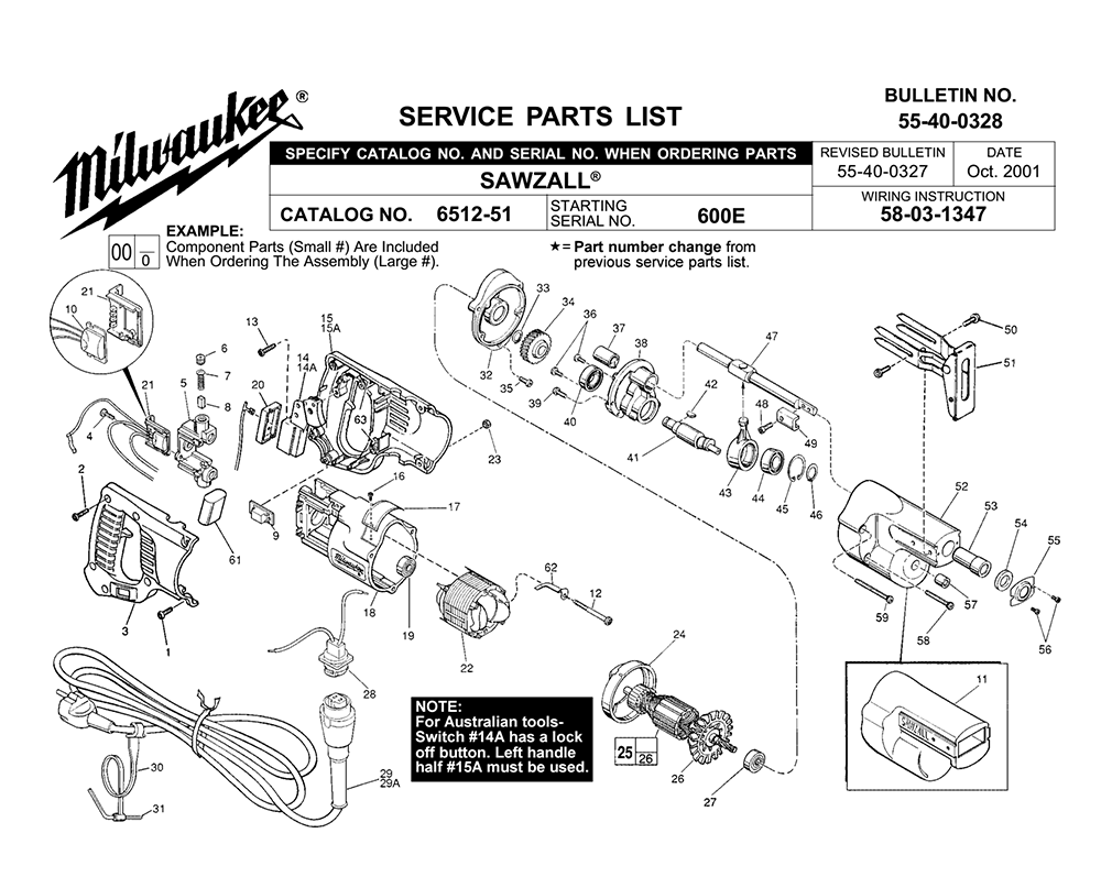Fig-0 Diagram and Parts List for 6512-51 600E Milwaukee Saw