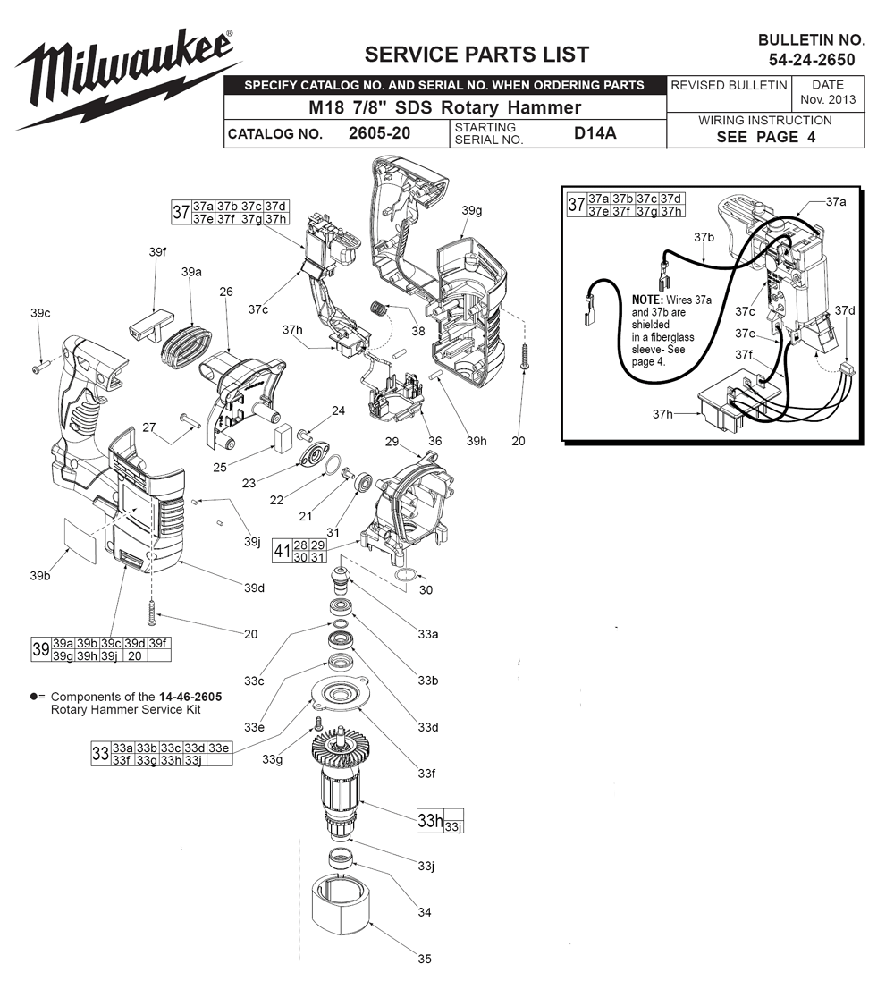 Fig-0 Diagram and Parts List for 2605-22 D14A Milwaukee Hammer Drill