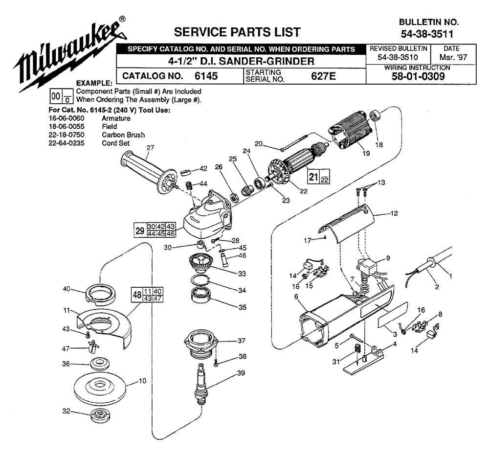 Fig-0 Diagram and Parts List for 6145-2 627E Milwaukee Angle Grinder