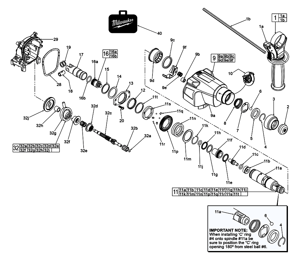 Fig-1 Diagram and Parts List for 2605-20 D14D Milwaukee Cordless Drill