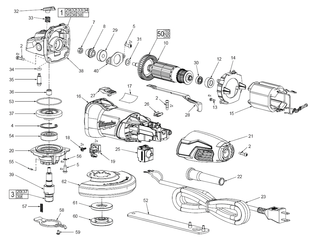 Fig-0 Diagram and Parts List for 6130-33 C27D Milwaukee Angle Grinder