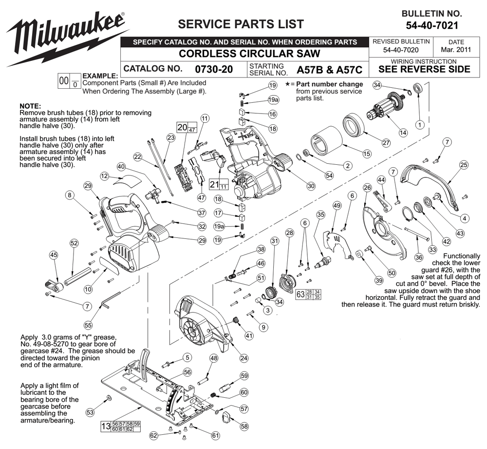 Fig-0 Diagram and Parts List for 0730-20 A57C Milwaukee Saw