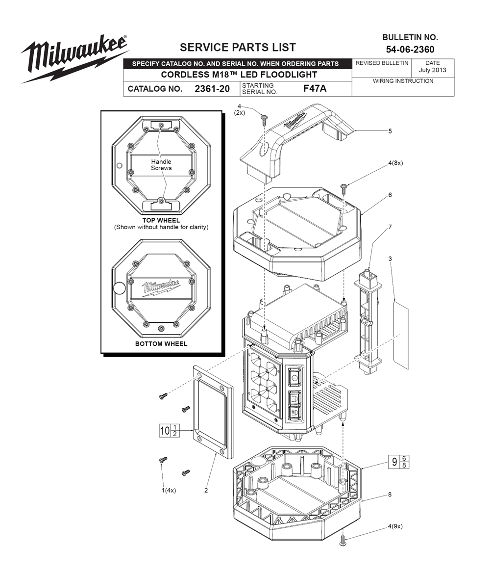 Fig-0 Diagram and Parts List for 2361-20 F47A Milwaukee Worklight & Flashlight