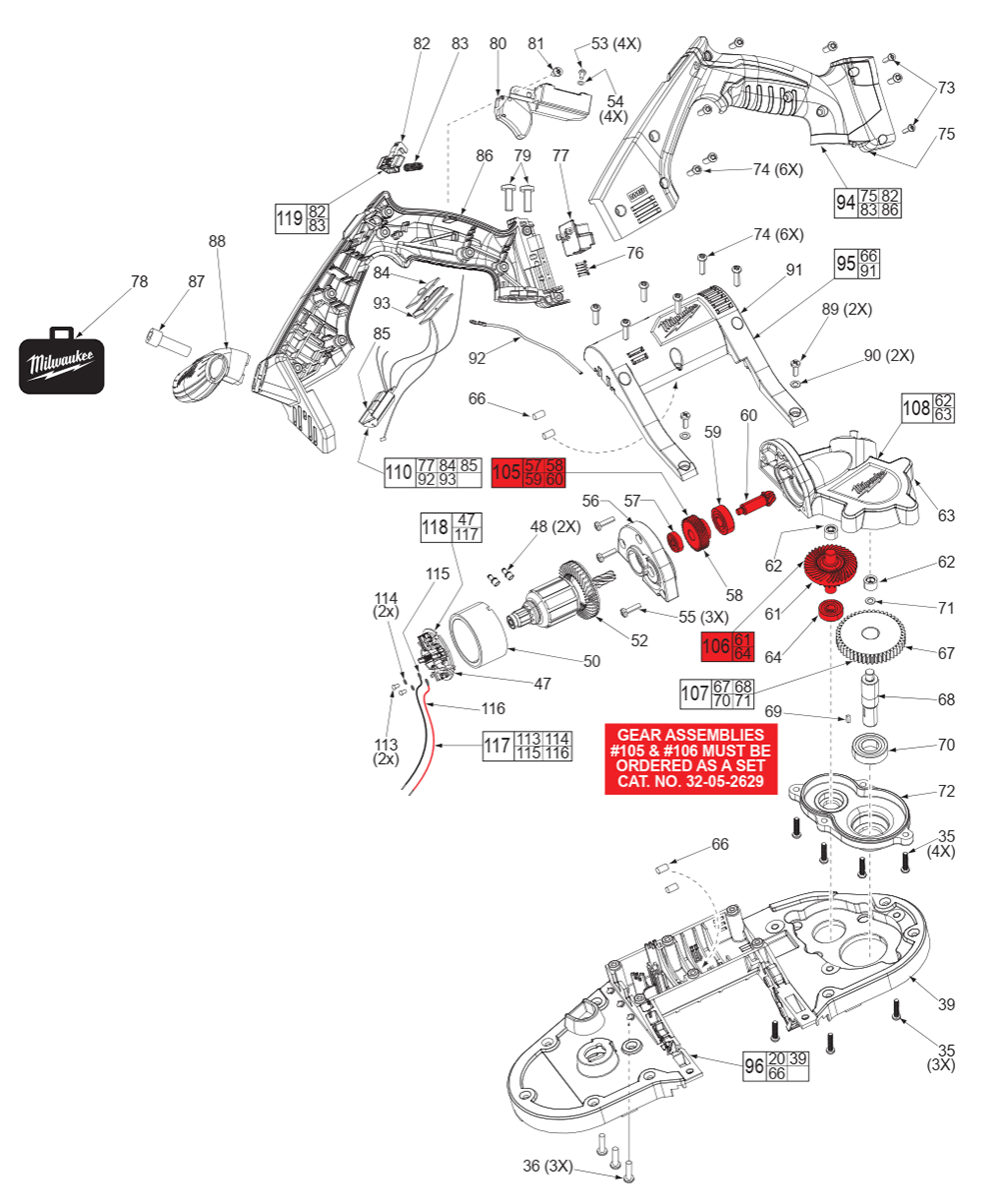 Fig-1 Diagram and Parts List for 2629-20 C14D Milwaukee Saw
