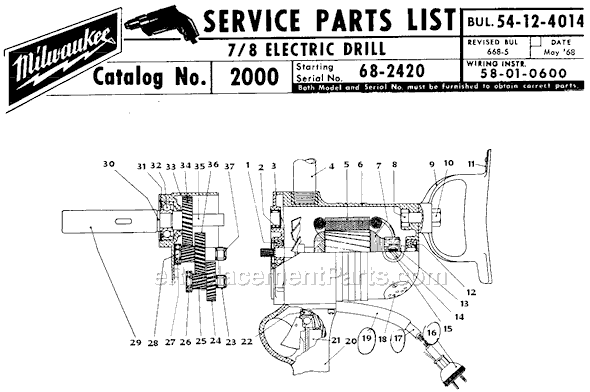 Page A Diagram and Parts List for 2000 SER 68-2420 Milwaukee Electric Drill