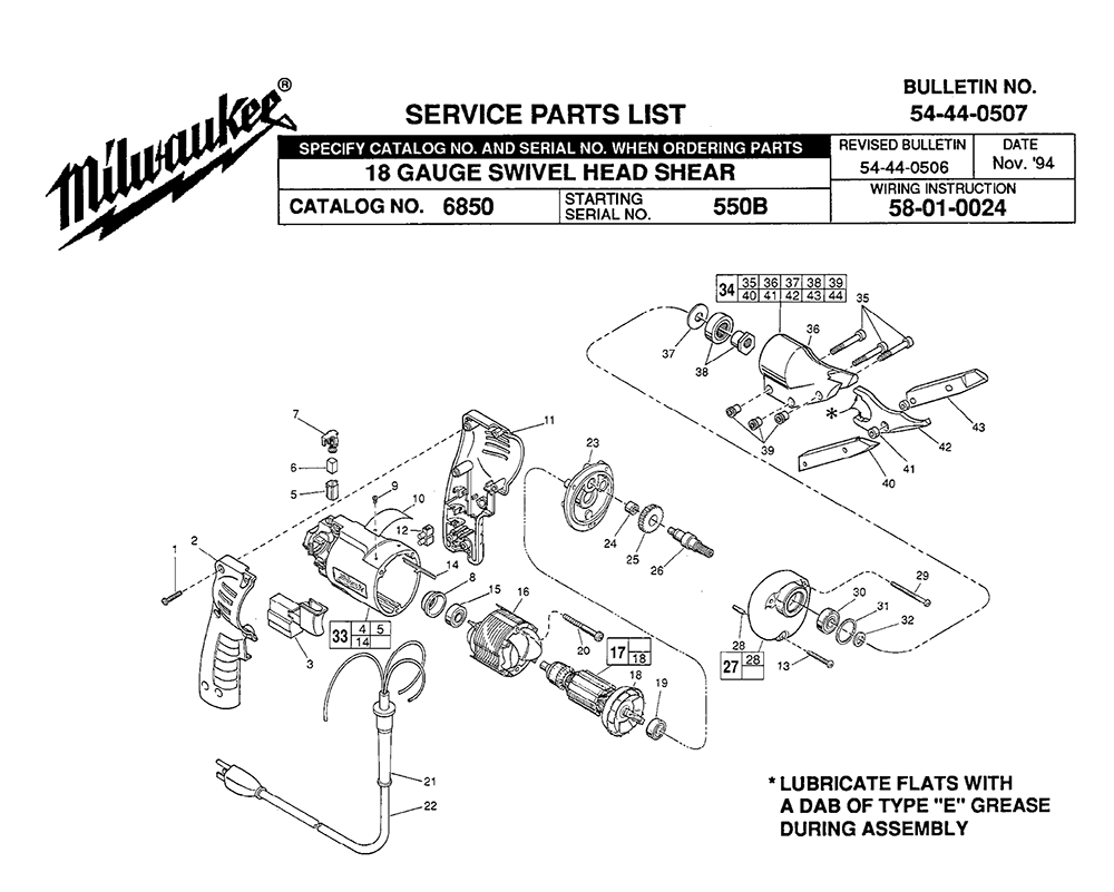 Fig-0 Diagram and Parts List for 6850 550B Milwaukee Nibbler & Shears