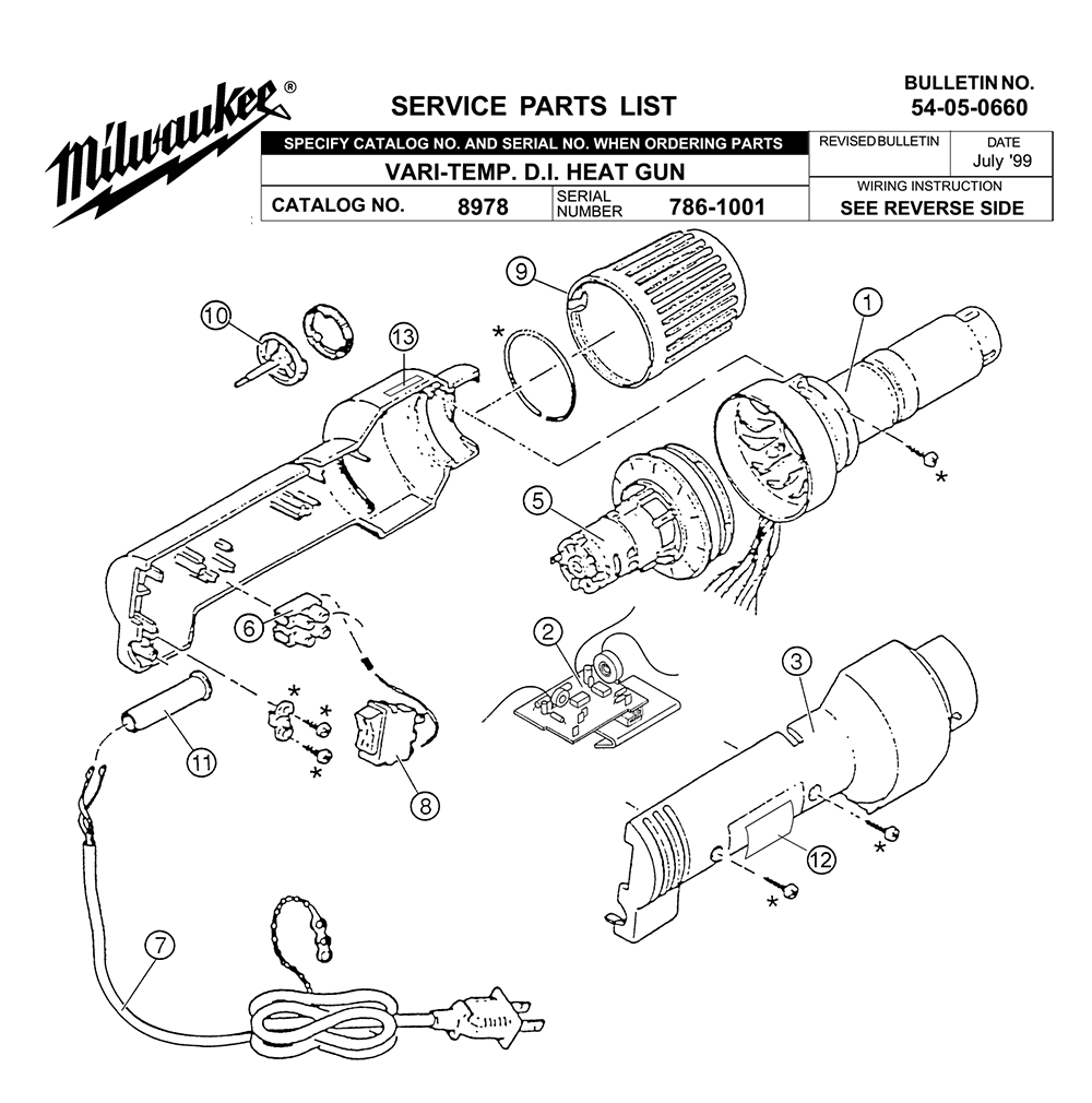 Fig-0 Diagram and Parts List for 8978 786-1001 Milwaukee Heat Gun