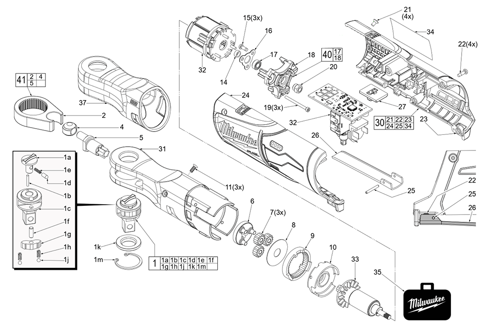 Fig-0 Diagram and Parts List for 2557-20 J19A Milwaukee Cordless Drill