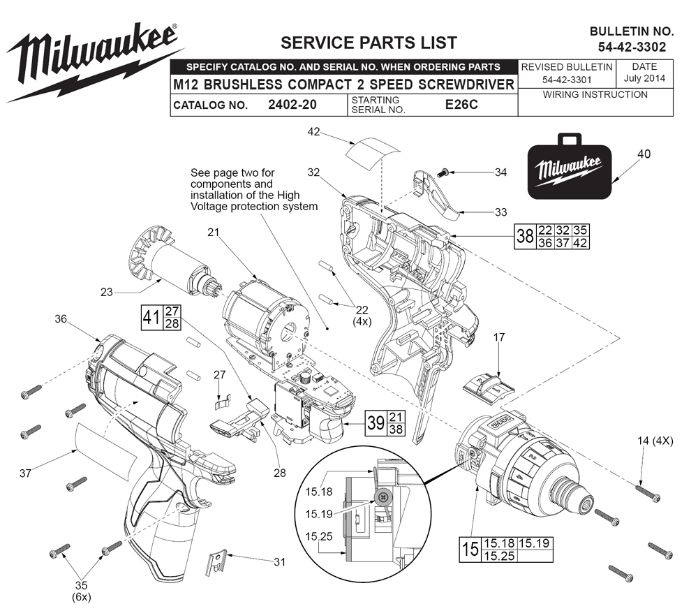 Fig-0 Diagram and Parts List for 2402-20 E26C Milwaukee Electric Drill