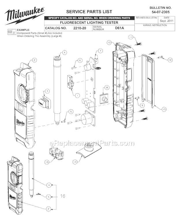Page A Diagram and Parts List for 2210-20 D61A Milwaukee Worklight & Flashlight