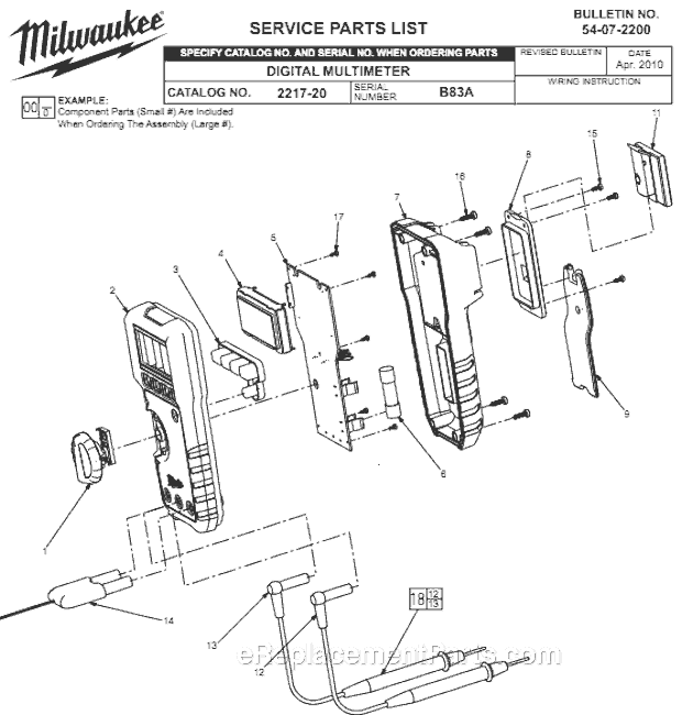 Page A Diagram and Parts List for 2217-20 B83A Milwaukee Worklight & Flashlight