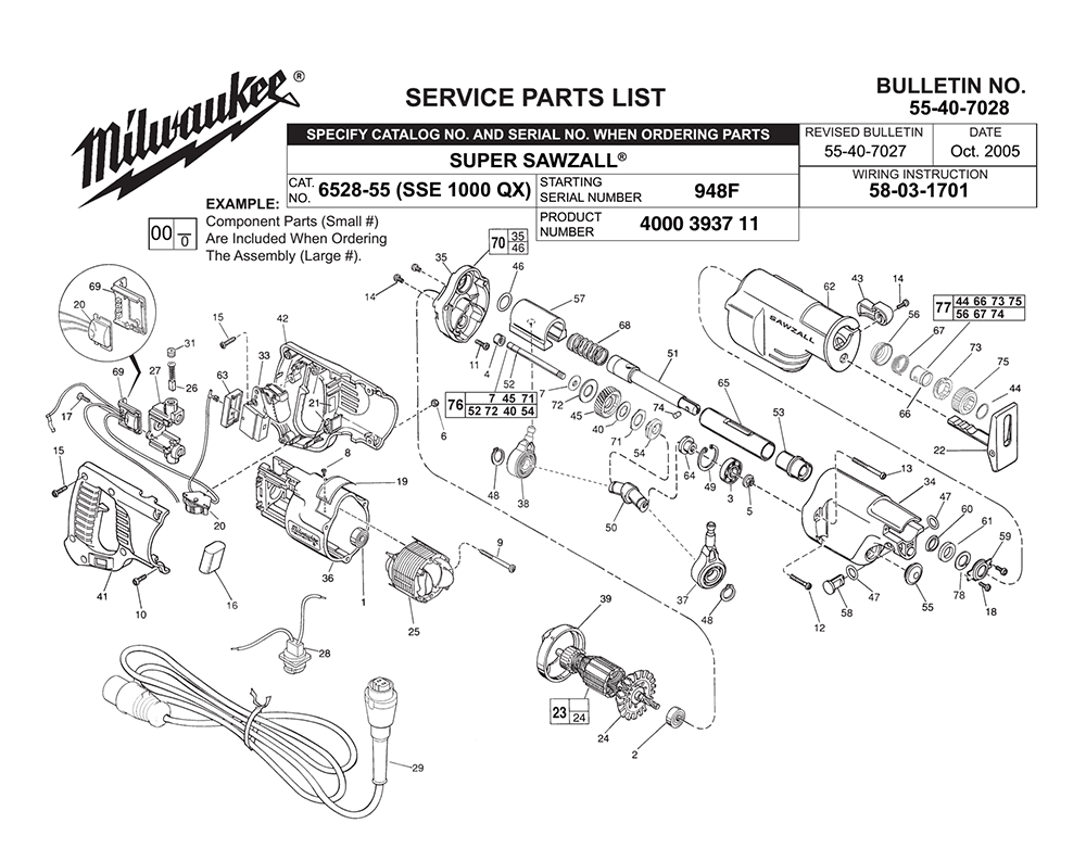 Fig-0 Diagram and Parts List for 6528-55 948F Milwaukee Saw