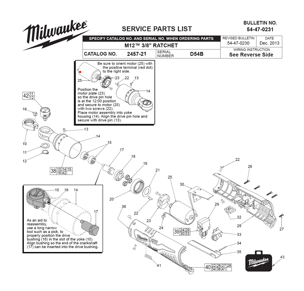 Fig-0 Diagram and Parts List for 2457-21 D54B Milwaukee Cordless Drill