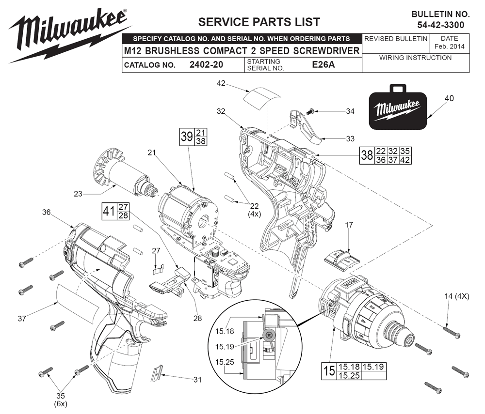Fig-0 Diagram and Parts List for 2402-20 E26A Milwaukee Electric Drill