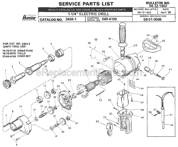 Page A Diagram and Parts List for 2404-1 SER 568-4100 Milwaukee Electric Drill