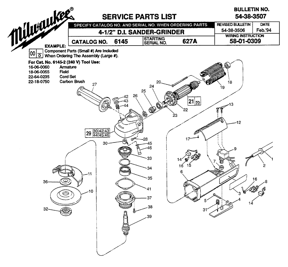 Fig-0 Diagram and Parts List for 6145-2 627A Milwaukee Angle Grinder