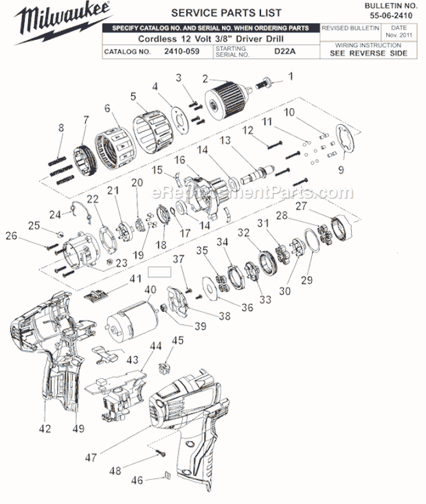 Page A Diagram and Parts List for 2410-059 SER D22A Milwaukee Cordless Drill