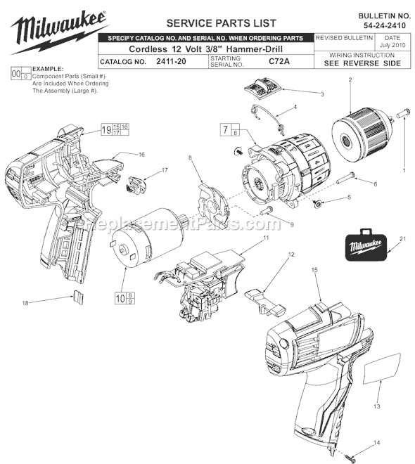 Page A Diagram and Parts List for 2411-20 SER C72A Milwaukee Hammer Drill