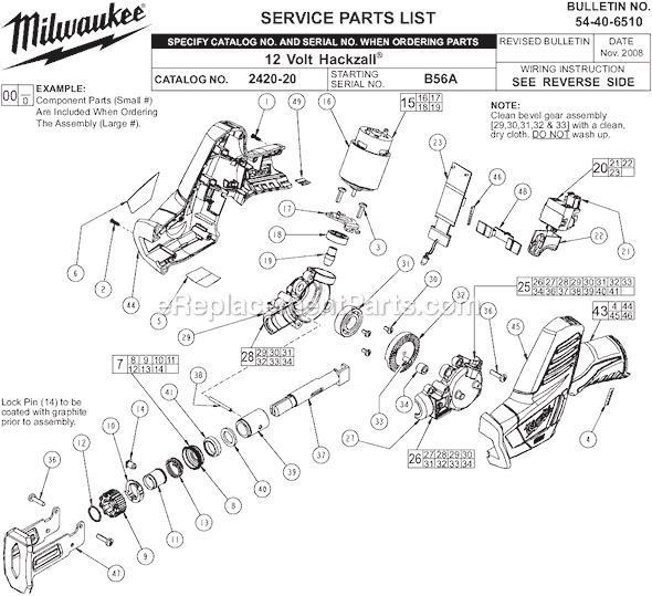 Page A Diagram and Parts List for 2420-20 SER B56A Milwaukee Reciprocating Saw