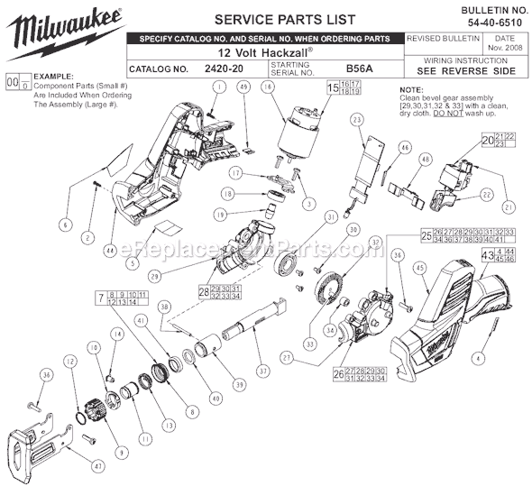Page A Diagram and Parts List for 2420-22 SER B56A Milwaukee Reciprocating Saw