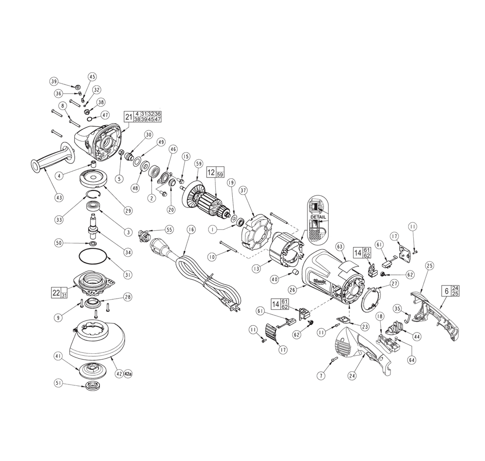 Fig-0 Diagram and Parts List for 6089-31 B46B Milwaukee Angle Grinder