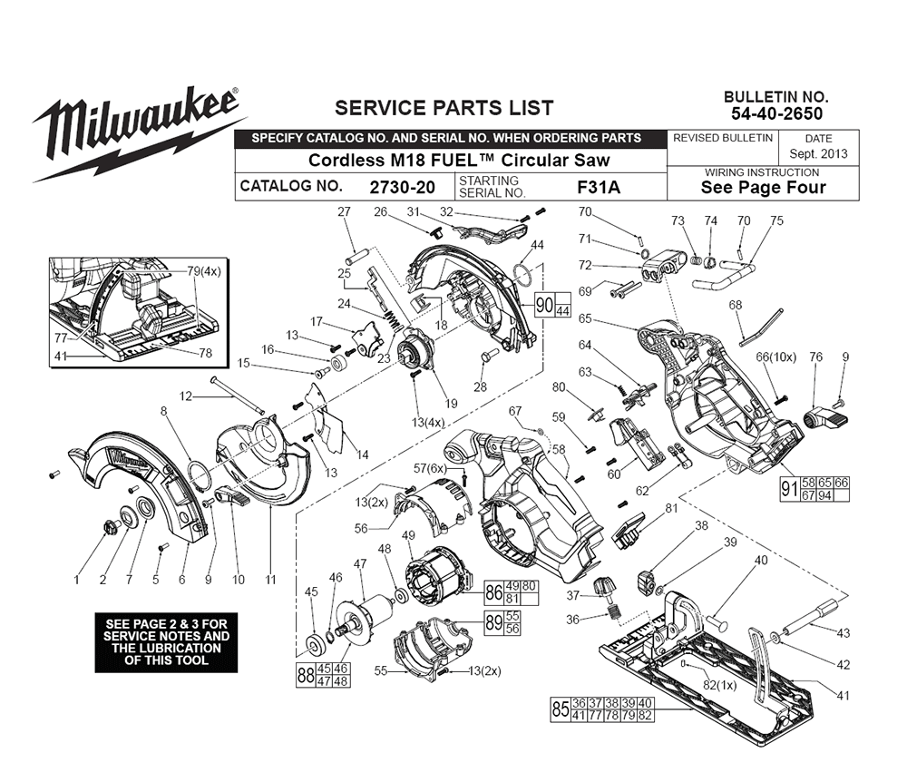 Fig-0 Diagram and Parts List for 2730-22 F31A Milwaukee Saw