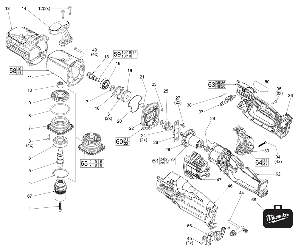 Fig-0 Diagram and Parts List for 2808-20 L25A Milwaukee Drill