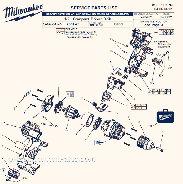Page A Diagram and Parts List for 2601-20 B28C Milwaukee Electric Drill