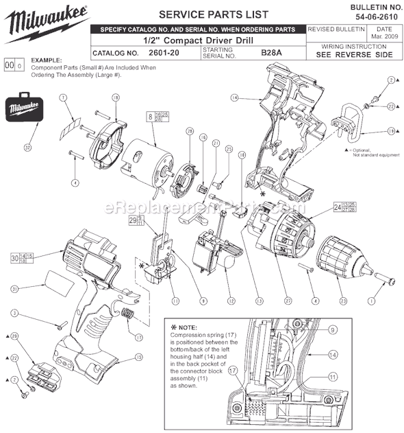 Page A Diagram and Parts List for 2601-22 SER B28A Milwaukee Electric Drill
