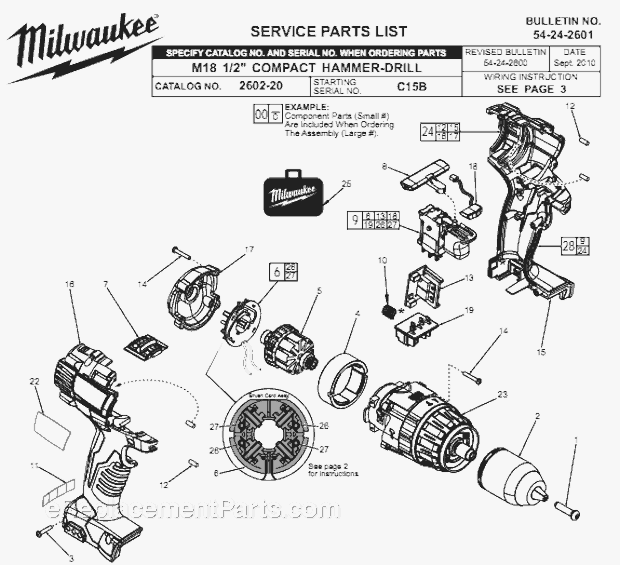Page A Diagram and Parts List for 2602-20 C15B Milwaukee Hammer Drill